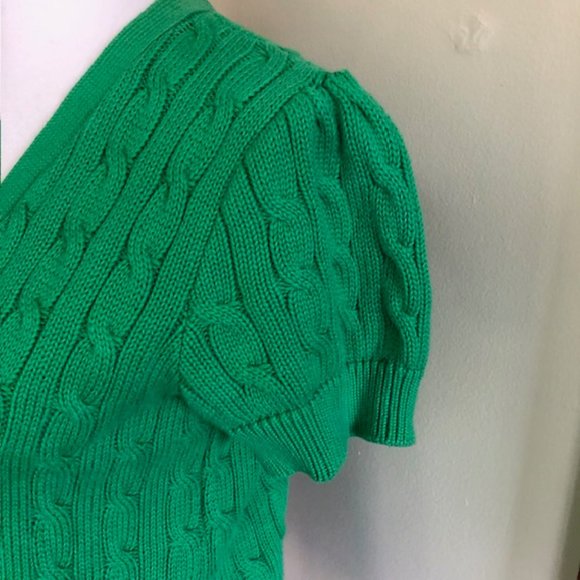 RALPH LAUREN Green Cable Short Sleeve Button Front V Neck Cotton Sweater… - Picture 12 of 17